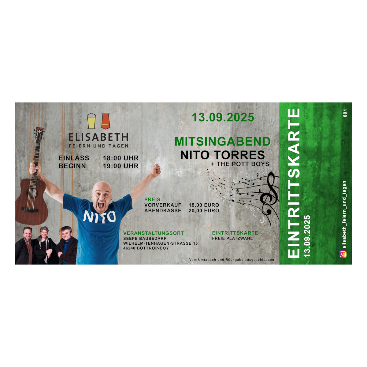 Nr. 05 - 13.09.2025 Eintrittskarte "Mitsingabend" Nito Torres + The Pott Boys